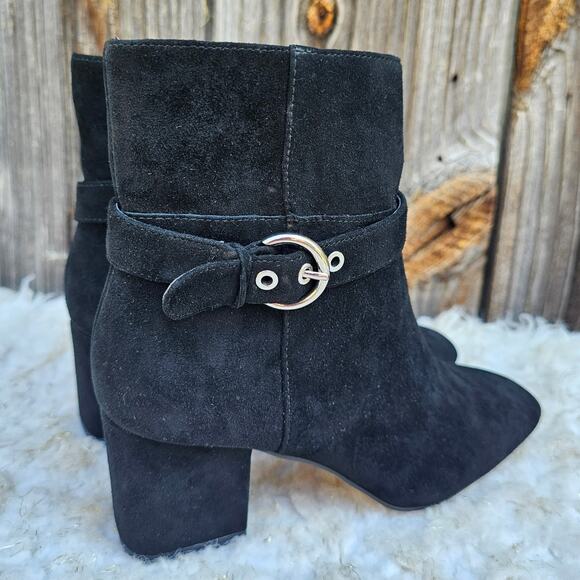 Black Suede Bootie Ann Taylor Breanna Size 6 Leather Harness Buckle Square Toe - Picture 7 of 13